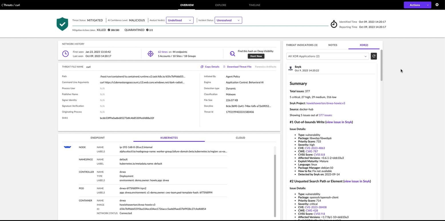 Figure 4: Runtime Threat Enrichment with Build-Time Context from Snyk