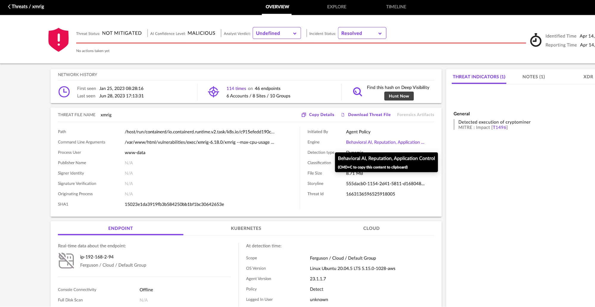 CWPP Agent Detection of Crypto mining Malware