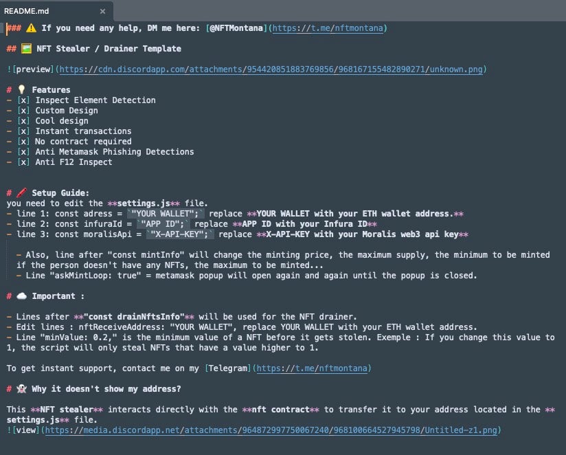 Documentation and setup guide for NFT Stealer/Drainer marketed across Telegram and Discord