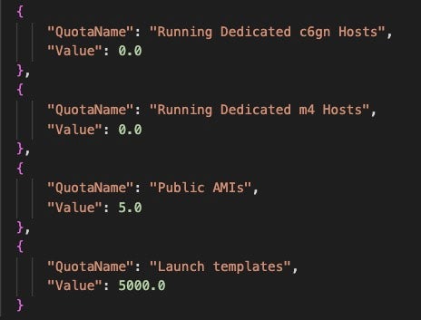 Example EC2 quota output captured by FBot’s ec_checker function