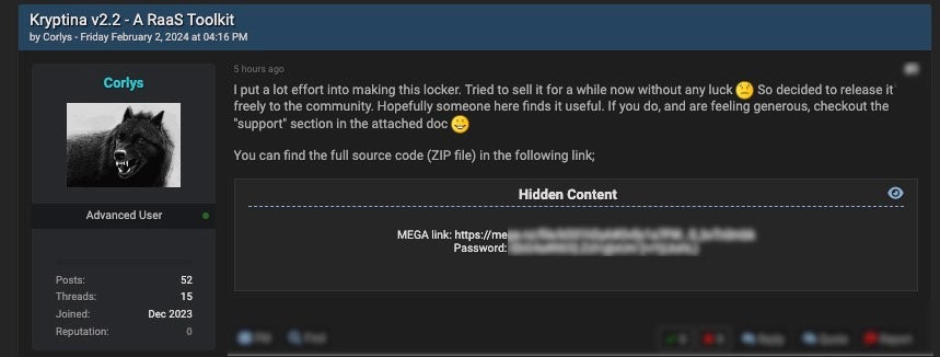 Publicación del código fuente de Kryptina 2.2 en BreachForums