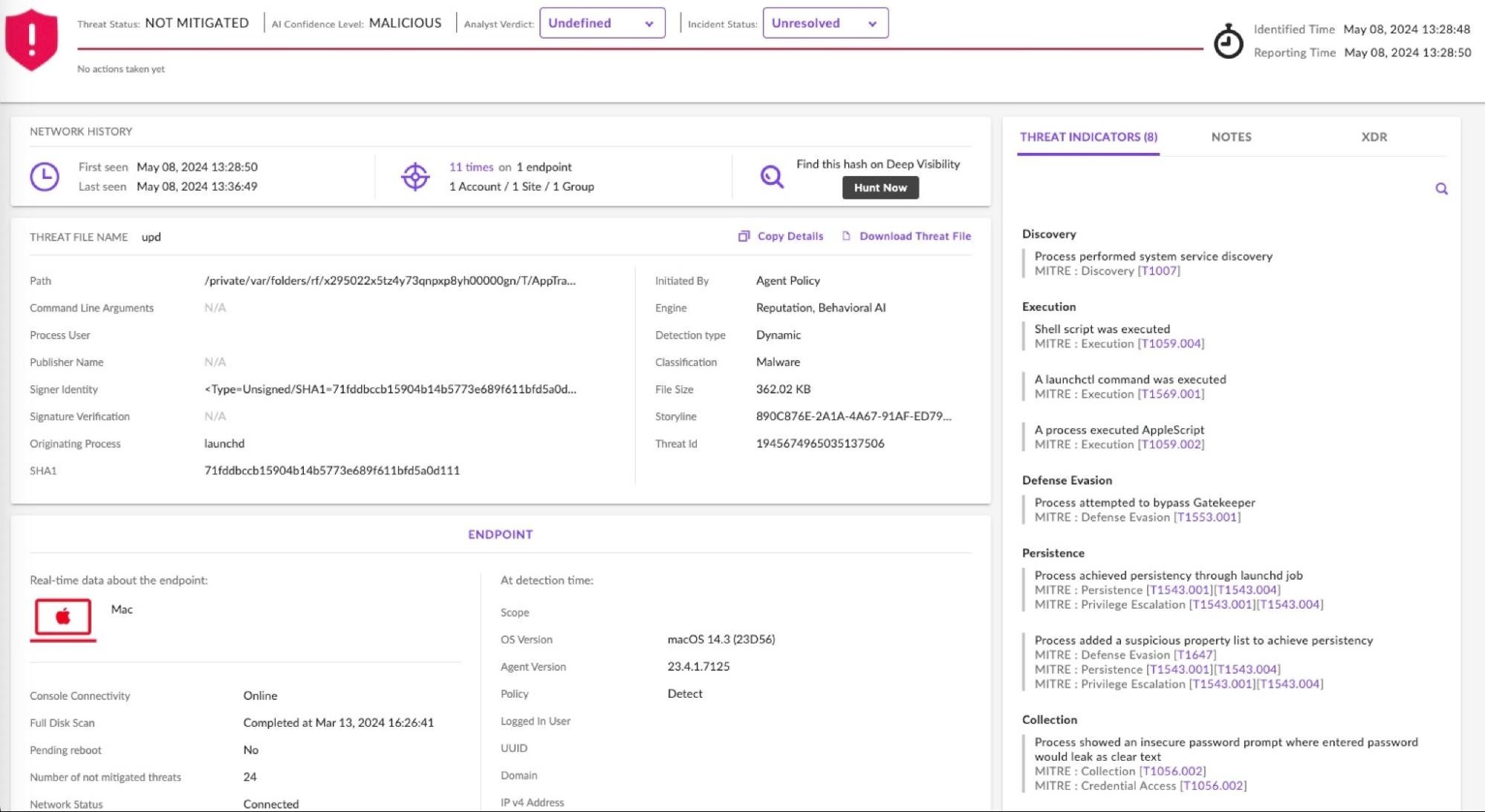 SentinelOne Console detects Cuckoo Stealer