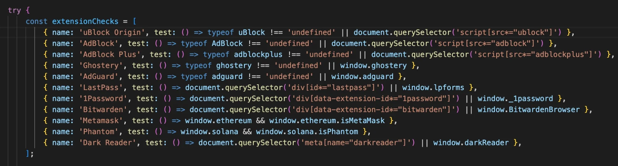The HTML source code looks for specific extensions related to passwords and cryptocurrency