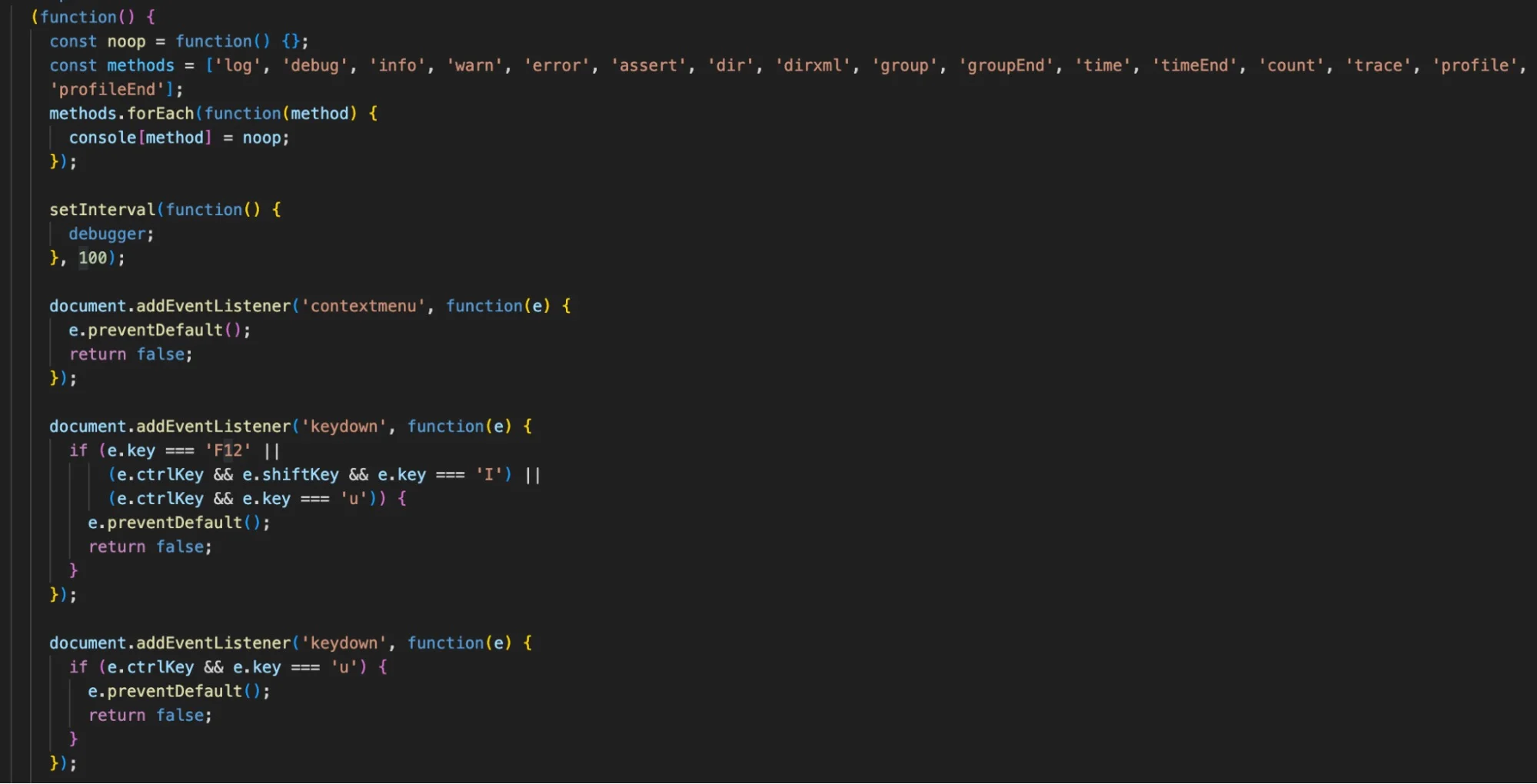 The HTML source code contains a full suite of anti-analysis measures