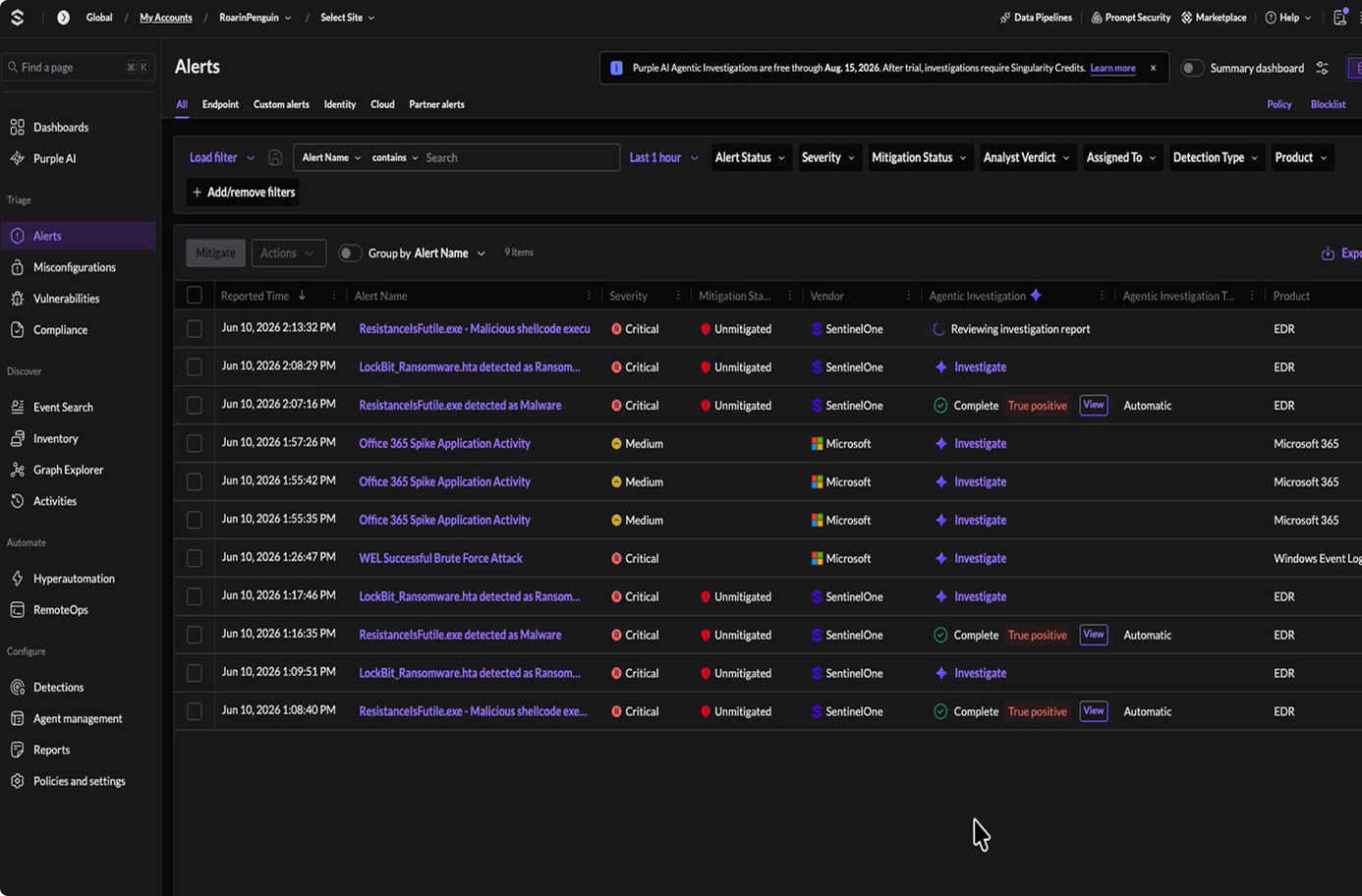 Purple AI Agentic Investigation LP CTA Screen