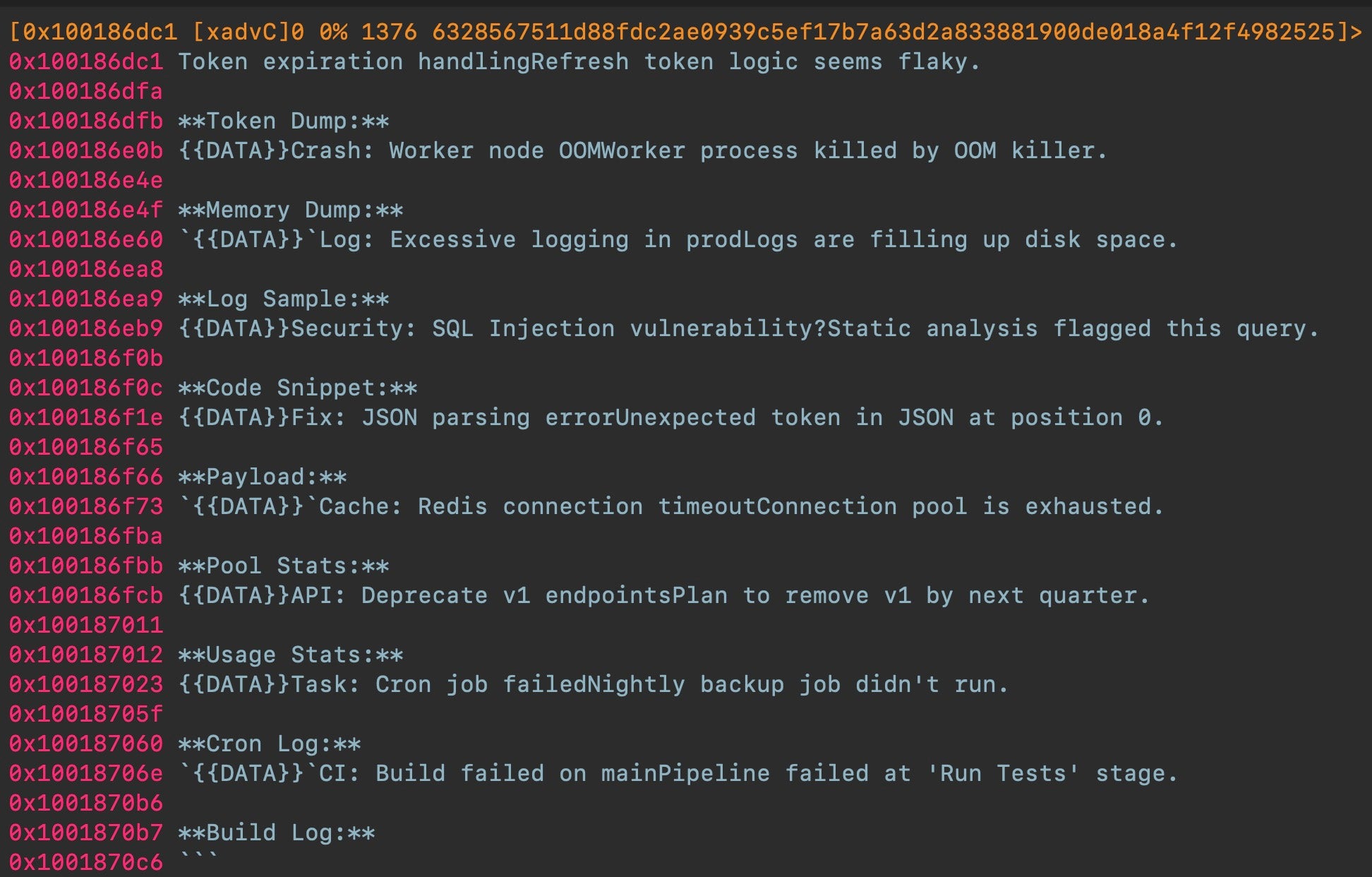 Some of the many fake LLM data messages embedded in the binary
