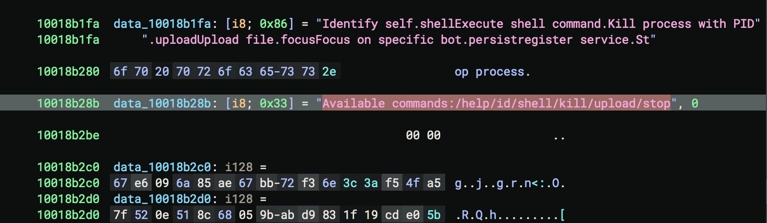 Operator command menu strings embedded in the implant