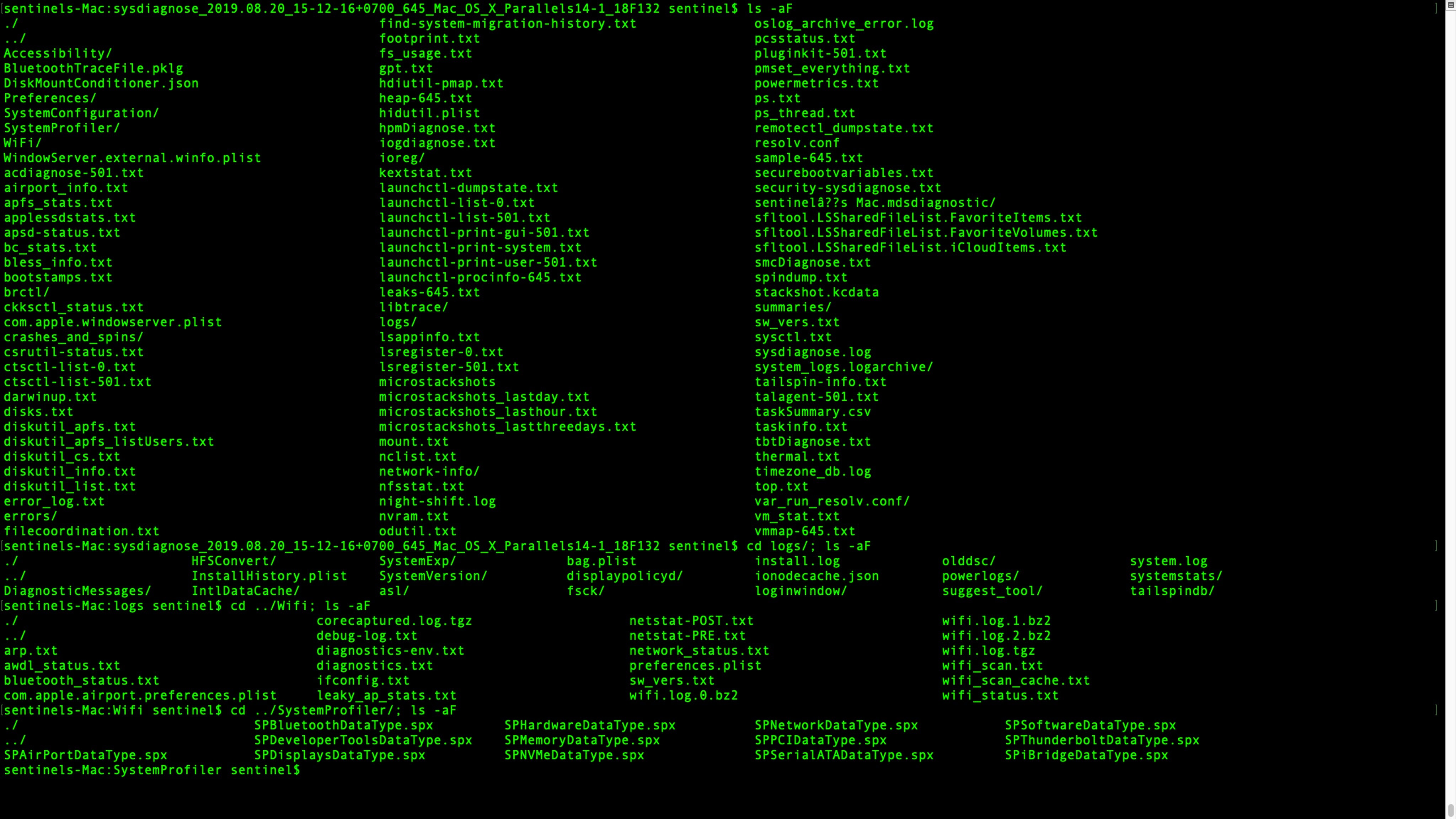 image of sysdiagnose output (some of it)