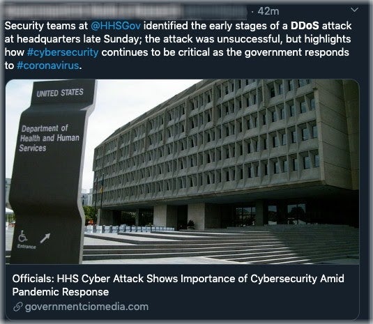 image of tweet about DDoS attack on health service provider