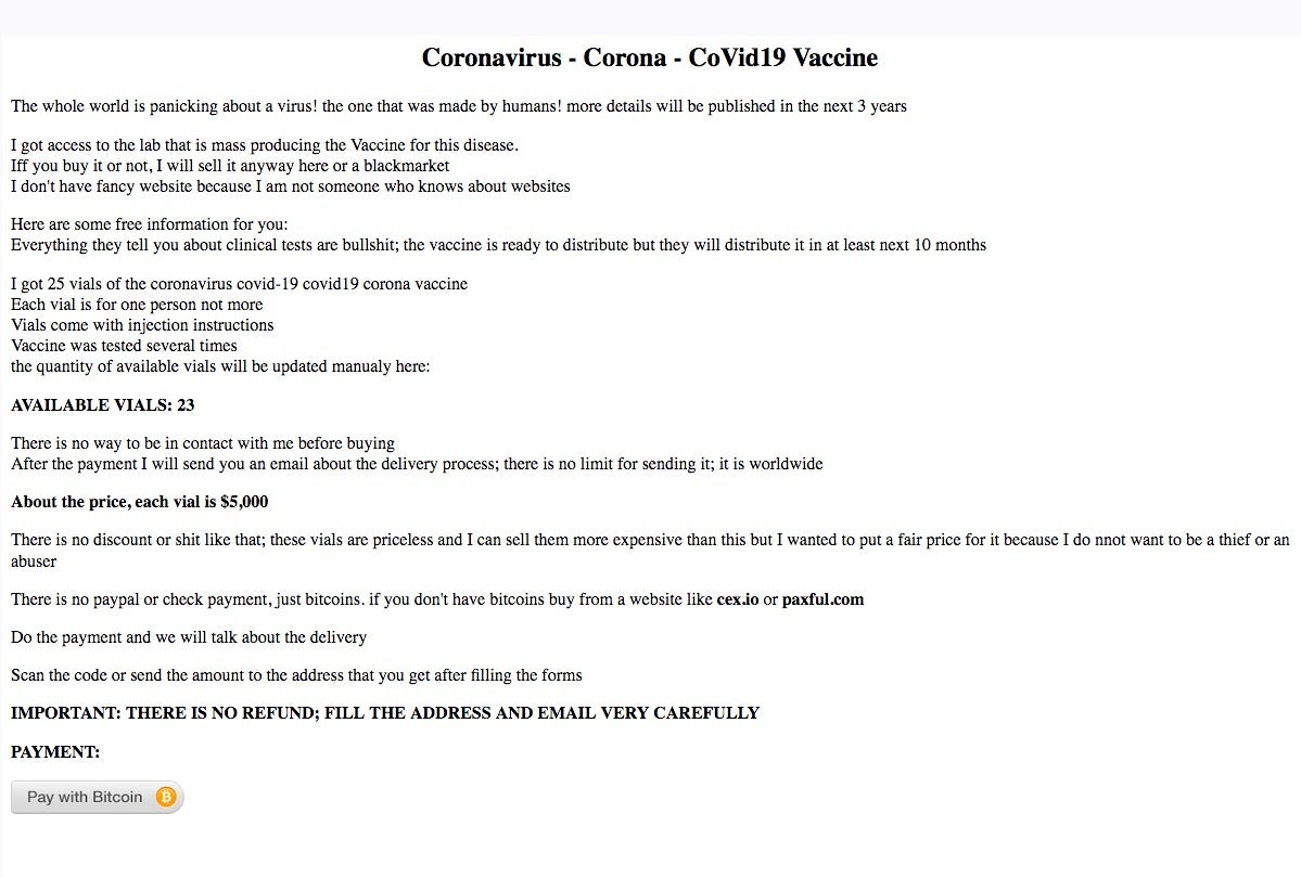 image of scamvert selling fake coronavirus tests