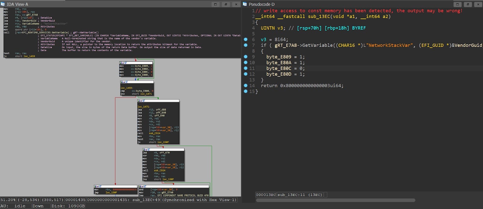 Figure 8 - partial decompiler output from UefiPxeBcDxe. The left branch is assumed to be always taken