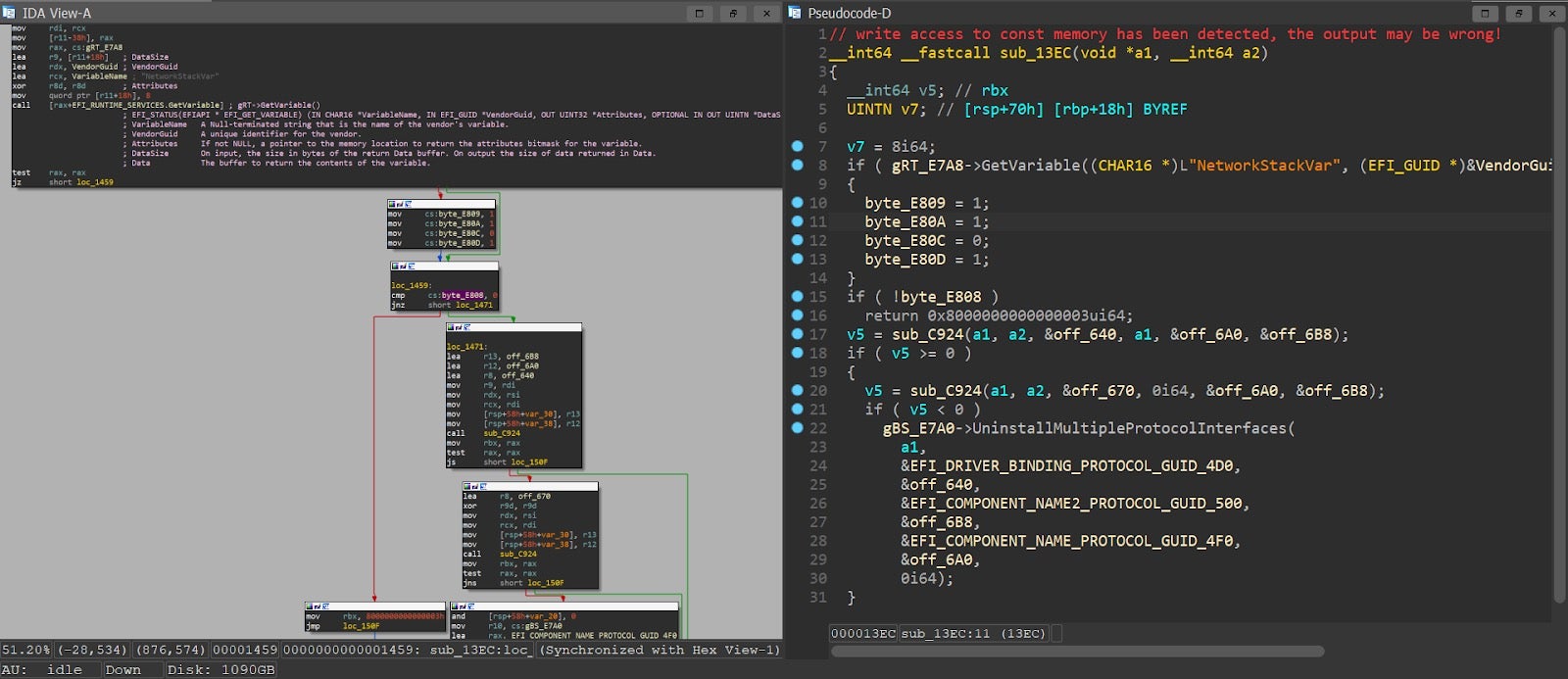 Figure 9 - decompilation of the same module, just after byte_E808 was annotated as ‘volatile’