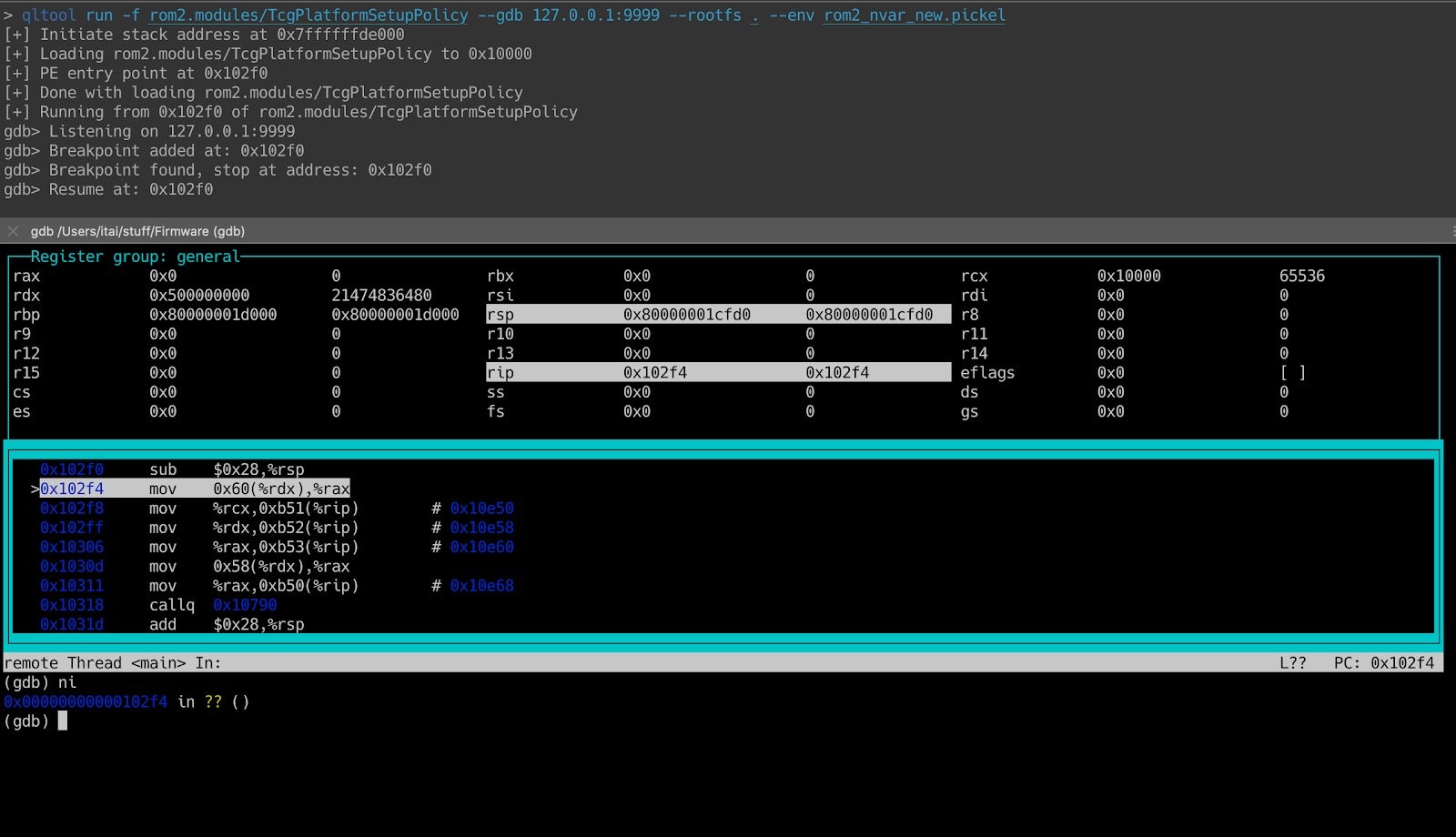 Figure 15 - Debugging a UEFI module using GDB in terminal.