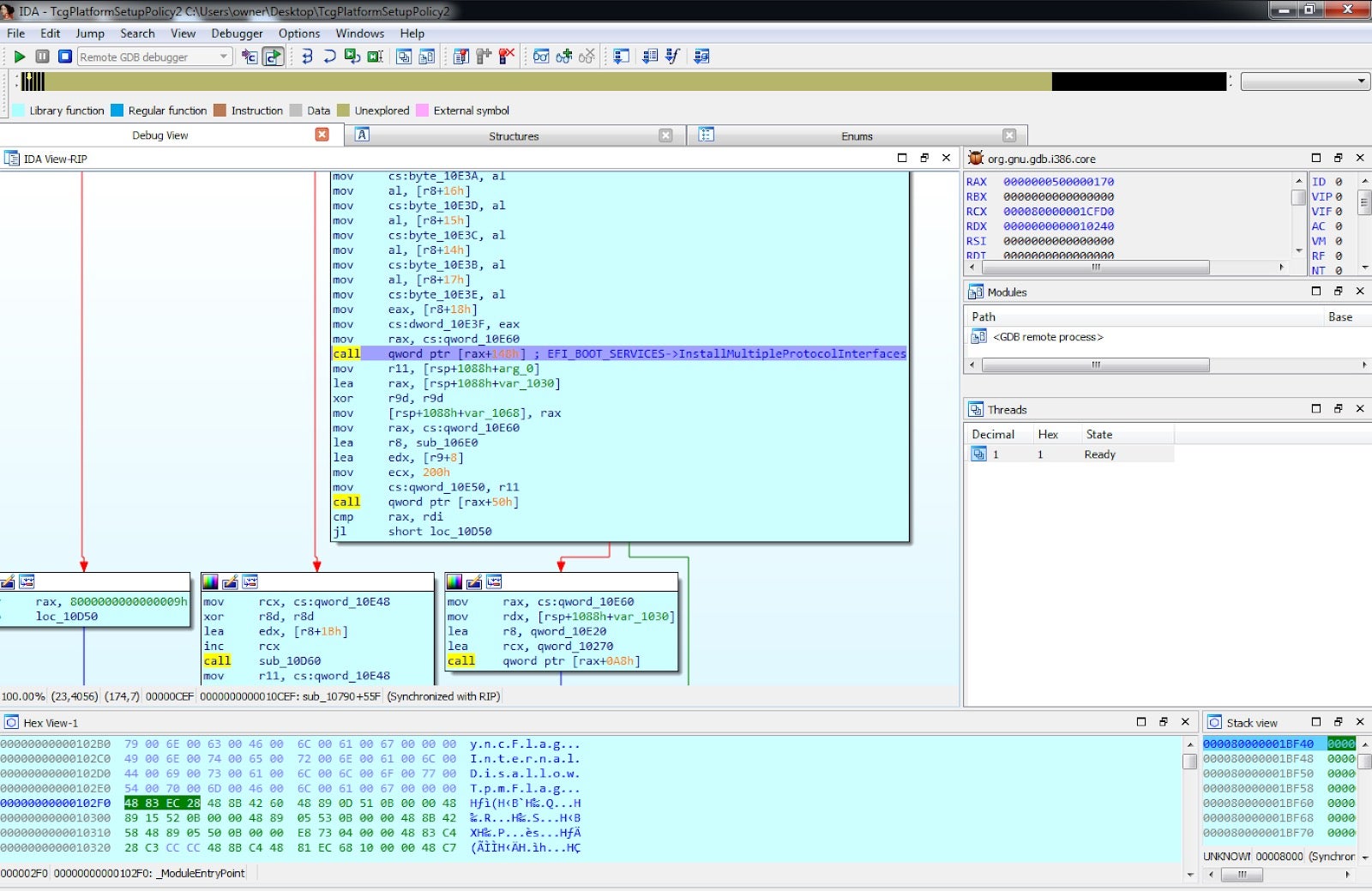 Figure 16 - Debugging a UEFI module using IDA Pro.