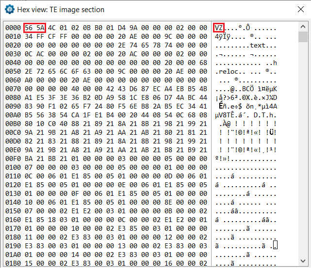 Figure 4 - TE files can be easily recognized by the ‘VZ’ magic signature, as opposed to ‘MZ’ used by PE