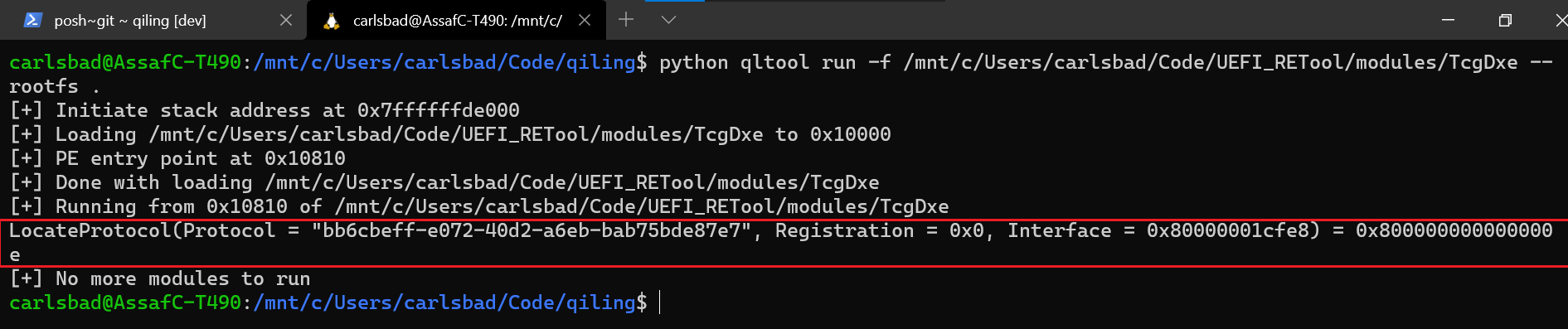 Figure 17 - When emulating TcgDxe in isolation, it fails to locate a necessary protocol and bails out. 0x800000000000000e is the status code for EFI_NOT_FOUND.